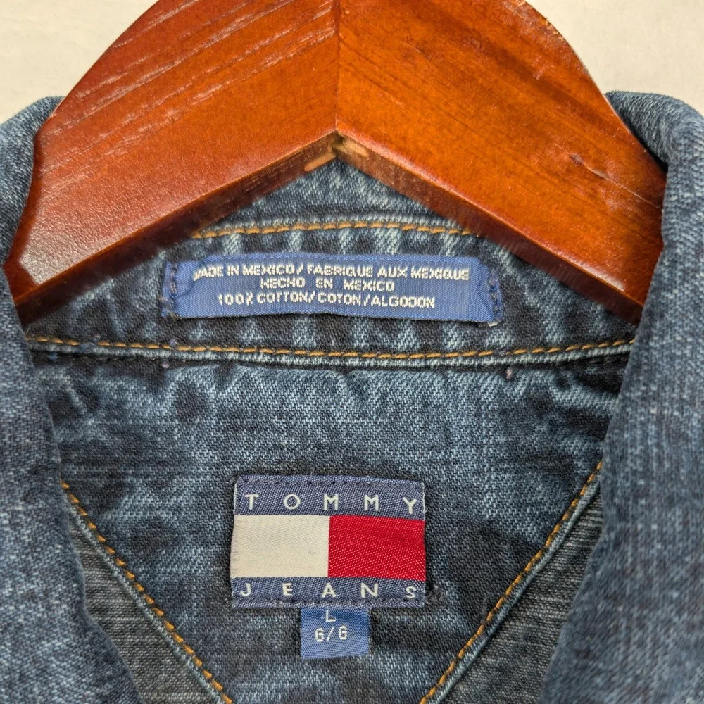 VTG Tommy Jeans Jacket Men's Large Blue Dark Wash Denim Trucker‎ Streetwear 90s